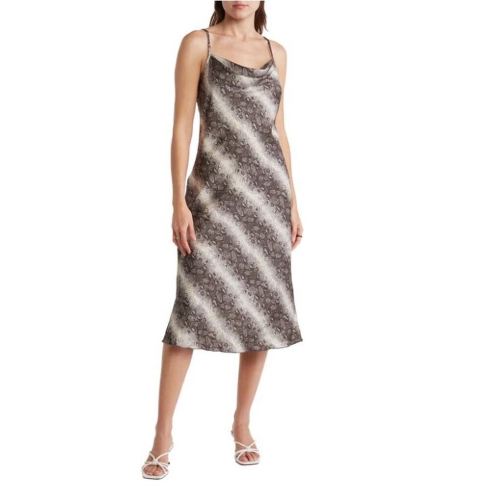 bebe Womens M Printed Satin Bias Midi Dress in Gray/White NEW